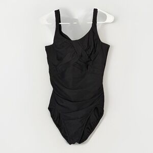 Lands End Black One Piece Swimsuit 14DDD Underwire Tummy Control Ruched Vacation